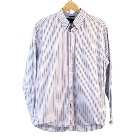 2/$15 Tommy Hilfiger Mens Button Down Shirt Blue Large White Stripe Long Sleeve - Picture 2 of 6